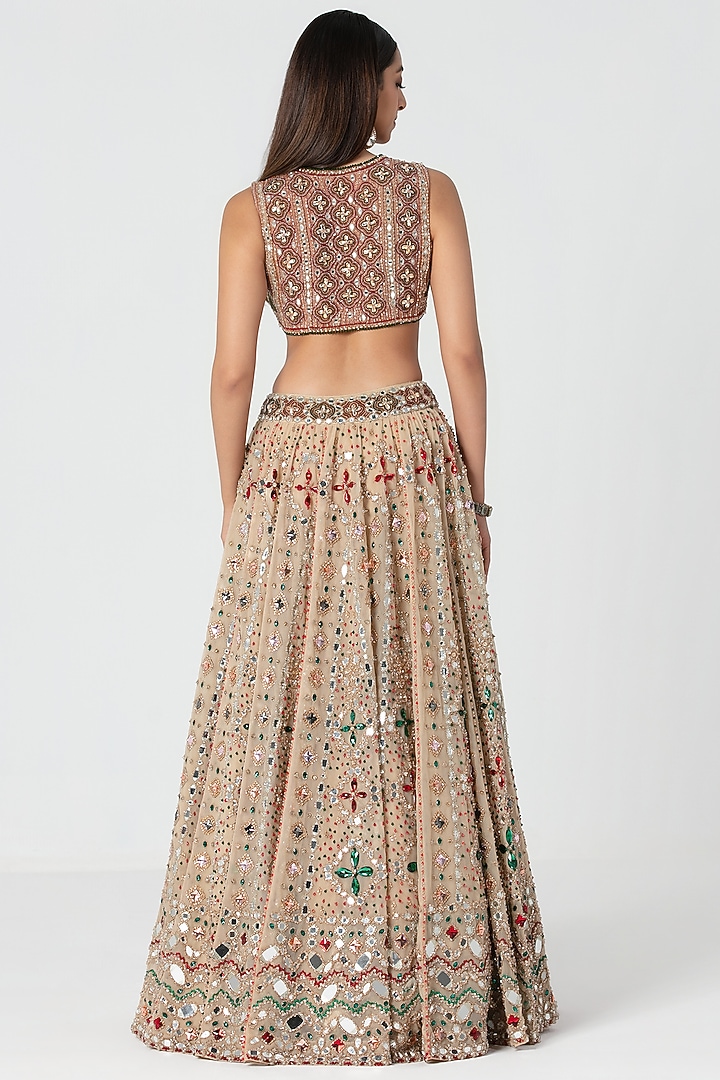 Beige Net Mirror & Crystal Work Jacket Bridal Lehenga Set by Abhinav Mishra at Pernia's Pop Up Shop
