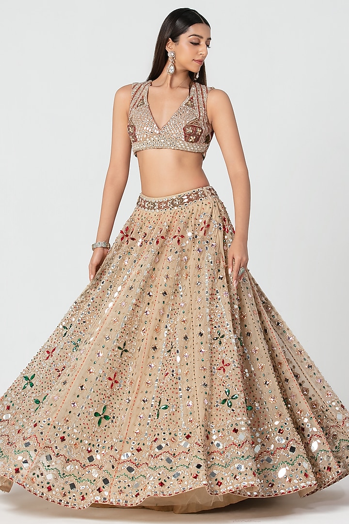 Beige Net Mirror & Crystal Work Jacket Bridal Lehenga Set by Abhinav Mishra at Pernia's Pop Up Shop