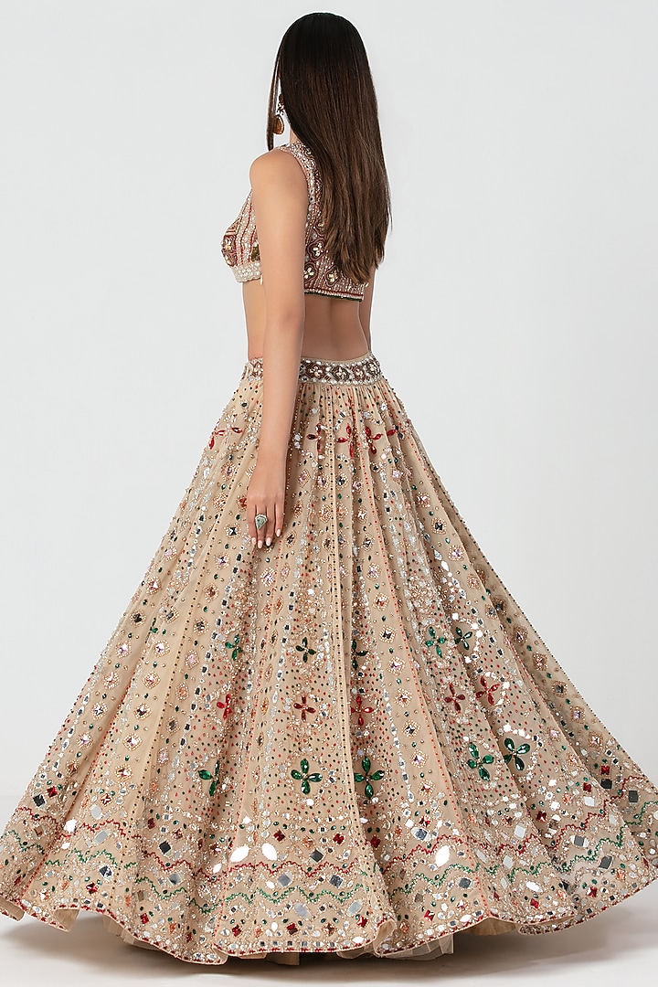 Beige Net Mirror & Crystal Work Jacket Bridal Lehenga Set by Abhinav Mishra at Pernia's Pop Up Shop