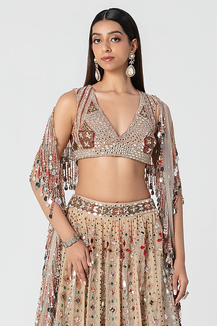 Beige Net Mirror & Crystal Work Jacket Bridal Lehenga Set by Abhinav Mishra at Pernia's Pop Up Shop