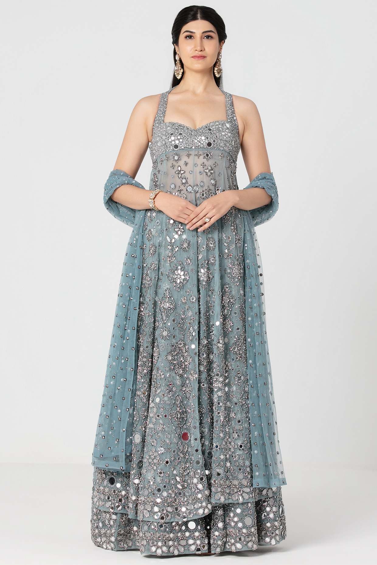 Abhinav Mishra Pastel Ice Blue Net Mirror & Crystal Work Lehenga Set