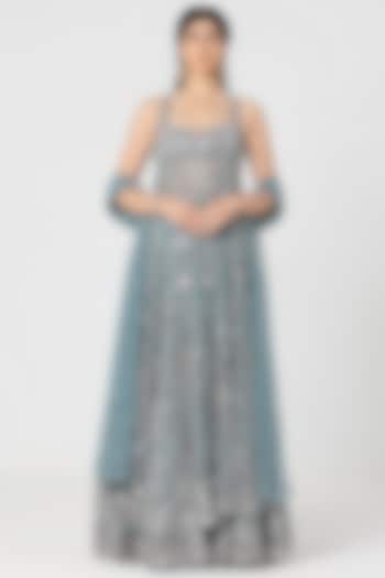 Pastel Ice Blue Net Mirror & Crystal Work Bridal Lehenga Set by Abhinav Mishra at Pernia's Pop Up Shop