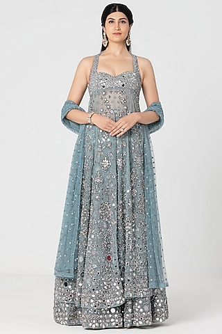 Pastel Ice Blue Net Mirror & Crystal Work Lehenga Set by Abhinav Mishra