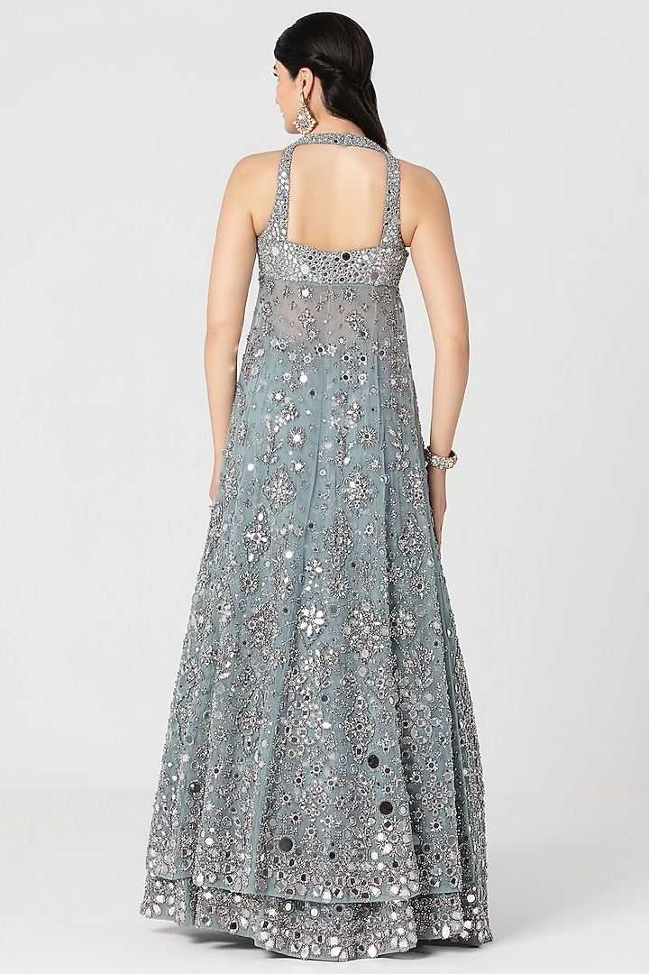 Pastel Ice Blue Net Mirror & Crystal Work Bridal Lehenga Set by Abhinav Mishra at Pernia's Pop Up Shop