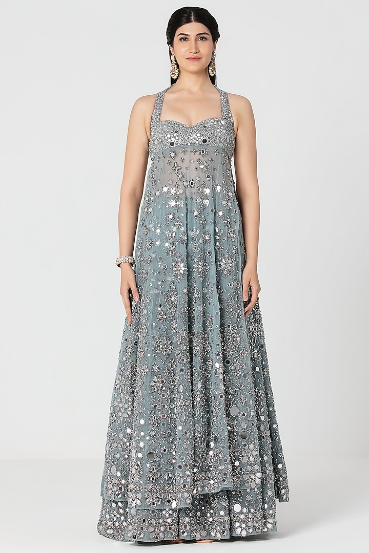 Pastel Ice Blue Net Mirror & Crystal Work Bridal Lehenga Set by Abhinav Mishra at Pernia's Pop Up Shop