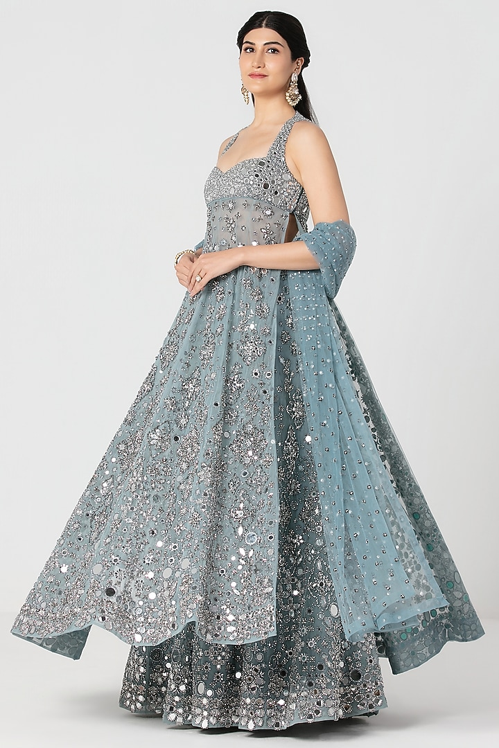Pastel Ice Blue Net Mirror & Crystal Work Bridal Lehenga Set by Abhinav Mishra at Pernia's Pop Up Shop