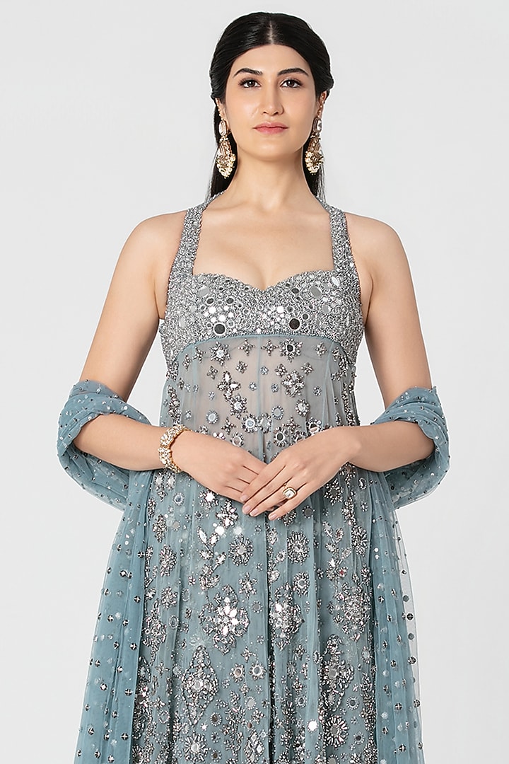 Pastel Ice Blue Net Mirror & Crystal Work Bridal Lehenga Set by Abhinav Mishra at Pernia's Pop Up Shop