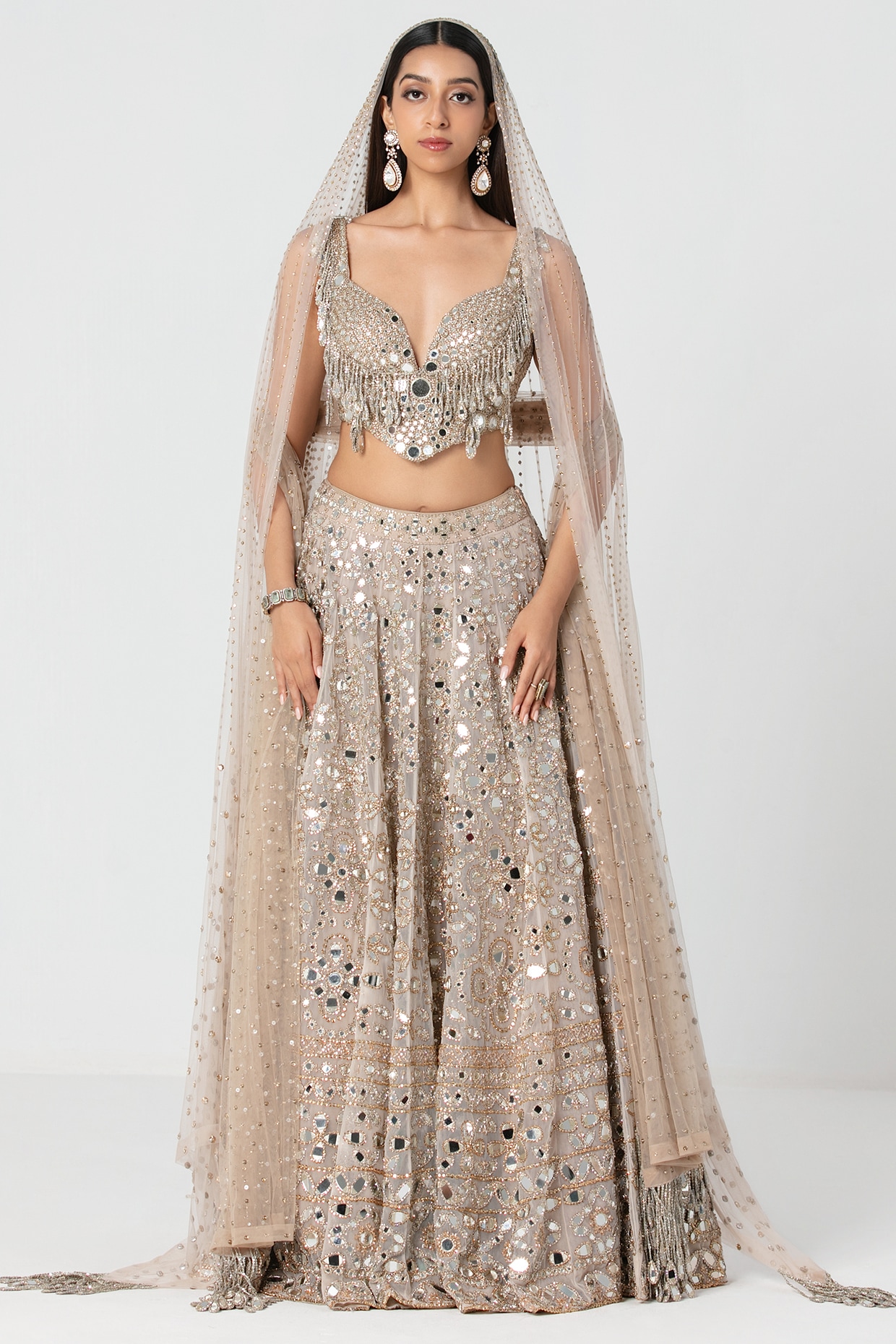 Abhinav Mishra Beige Net Mirror & Crystal Work Lehenga Set
