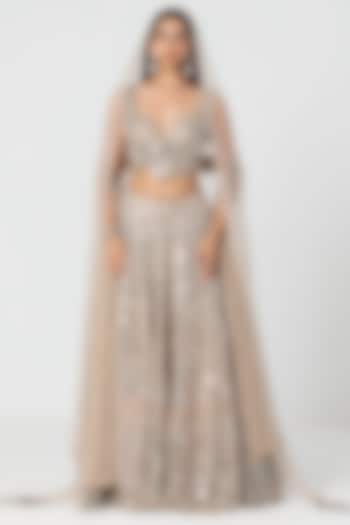 Beige Net Mirror & Crystal Work Bridal Lehenga Set by Abhinav Mishra at Pernia's Pop Up Shop