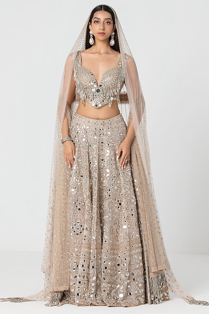 Beige Net Mirror & Crystal Work Bridal Lehenga Set by Abhinav Mishra at Pernia's Pop Up Shop
