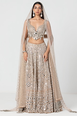 Beige Net Mirror & Crystal Work Lehenga Set by Abhinav Mishra
