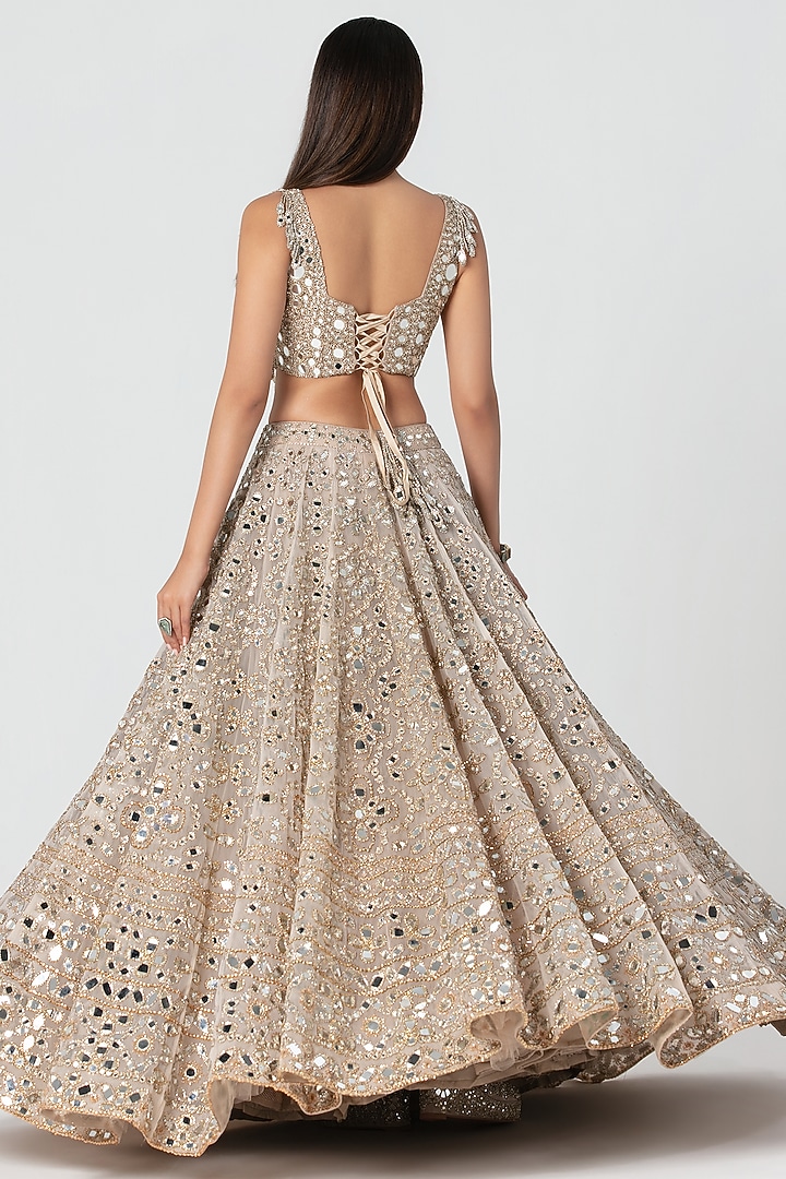Beige Net Mirror & Crystal Work Bridal Lehenga Set by Abhinav Mishra at Pernia's Pop Up Shop