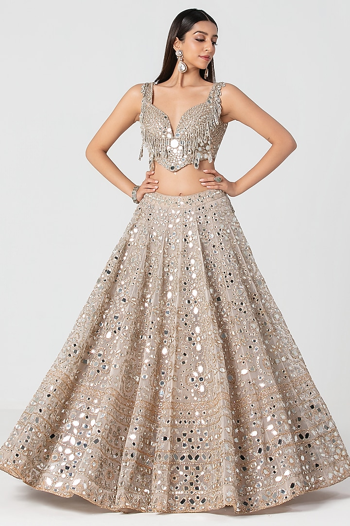 Beige Net Mirror & Crystal Work Bridal Lehenga Set by Abhinav Mishra at Pernia's Pop Up Shop