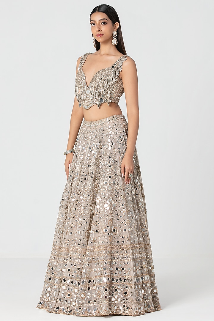Beige Net Mirror & Crystal Work Bridal Lehenga Set by Abhinav Mishra at Pernia's Pop Up Shop