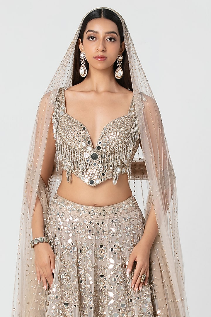 Beige Net Mirror & Crystal Work Bridal Lehenga Set by Abhinav Mishra at Pernia's Pop Up Shop