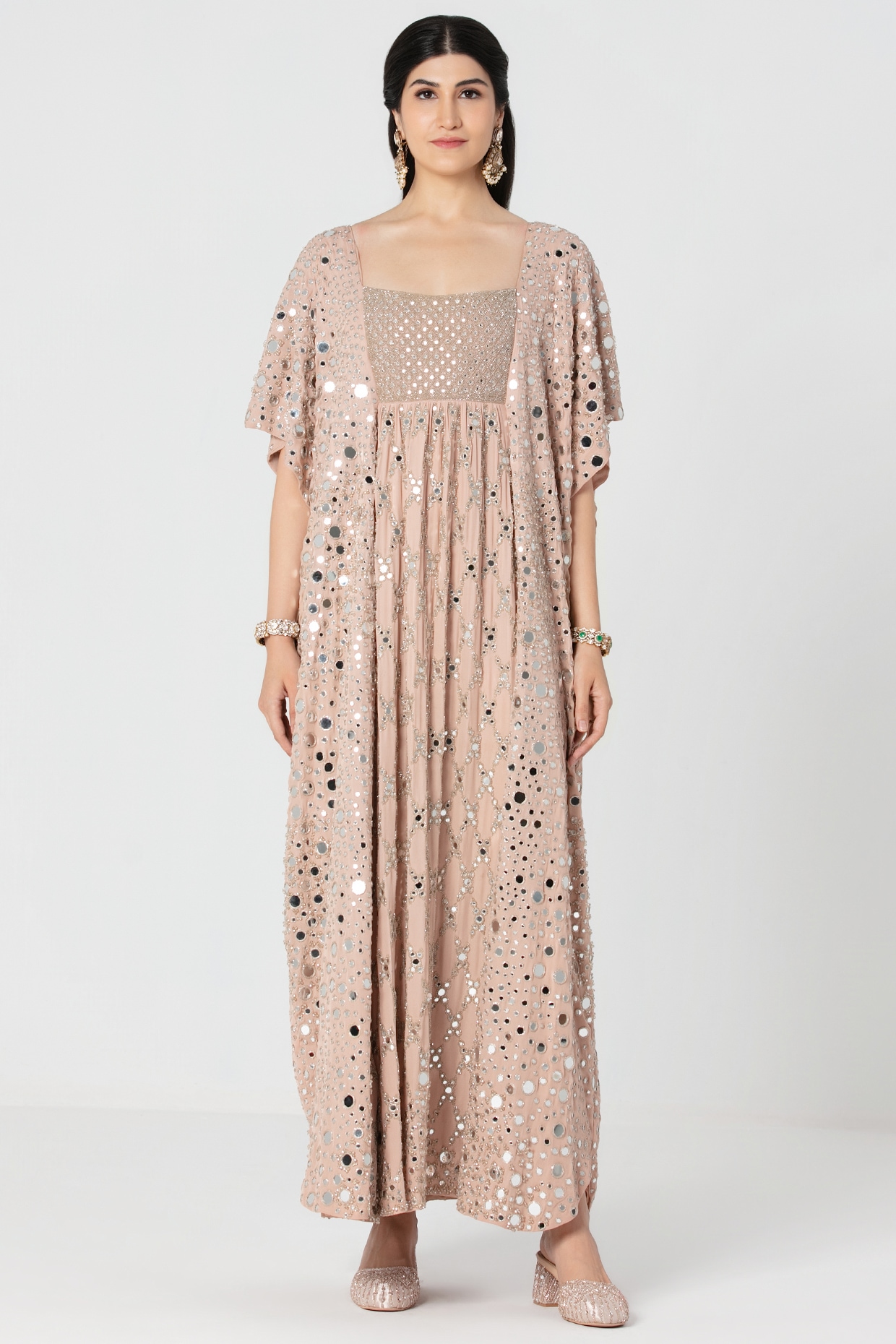 Abhinav Mishra Rose Pink Soft Georgette Mirror Embroidered Kaftan