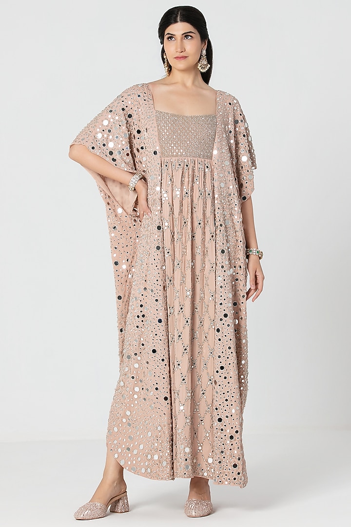 Rose Pink Soft Georgette Mirror Embroidered Kaftan by Abhinav Mishra at Pernia's Pop Up Shop