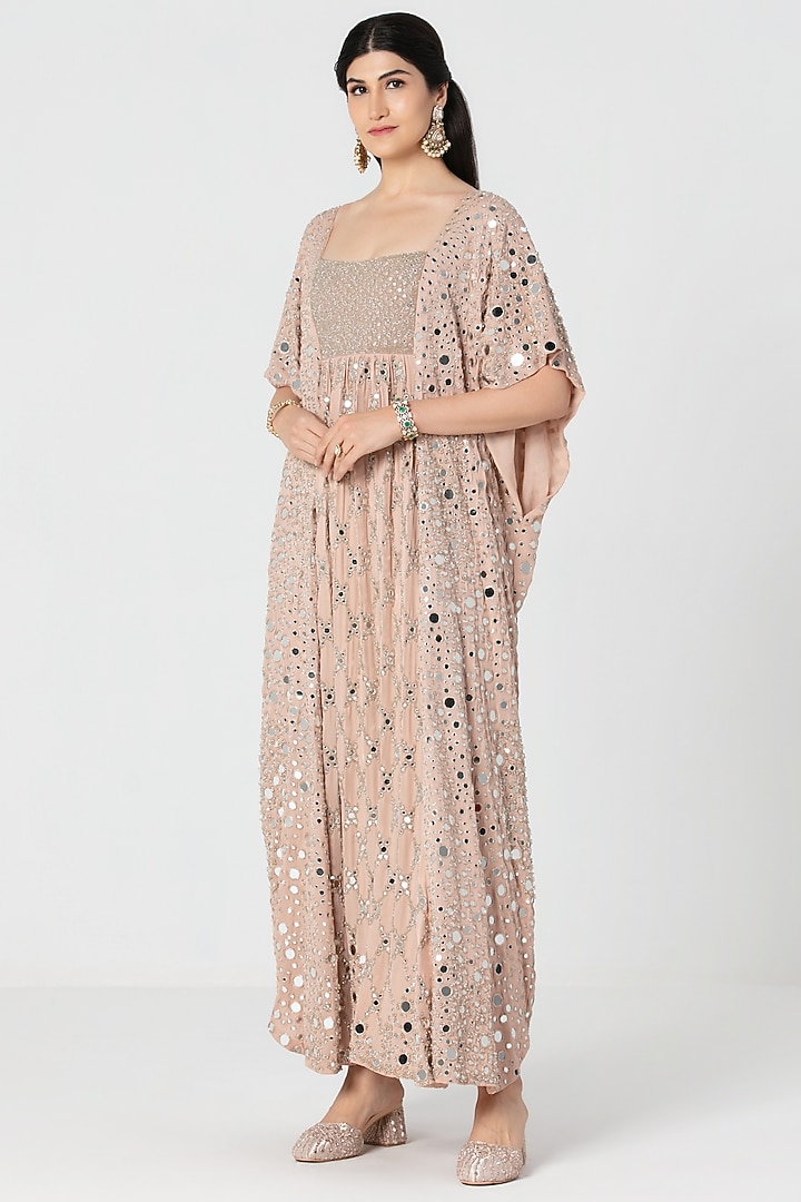 Rose Pink Soft Georgette Mirror Embroidered Kaftan by Abhinav Mishra at Pernia's Pop Up Shop