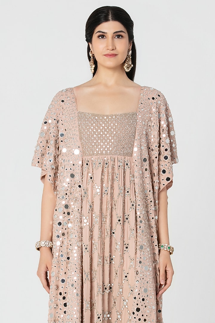 Rose Pink Soft Georgette Mirror Embroidered Kaftan by Abhinav Mishra at Pernia's Pop Up Shop