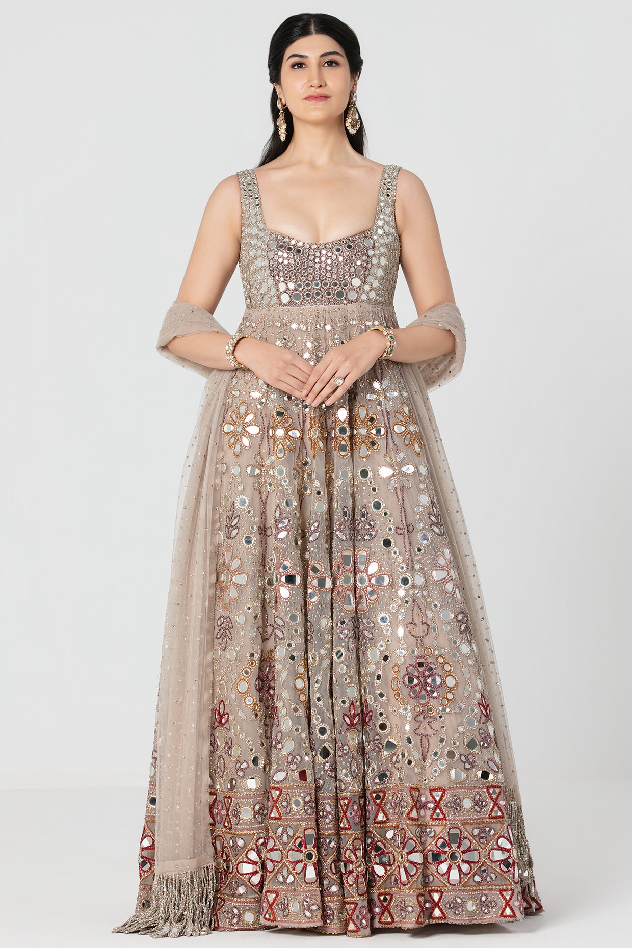 Abhinav Mishra Beige Net Mirror Embroidered Anarkali Set