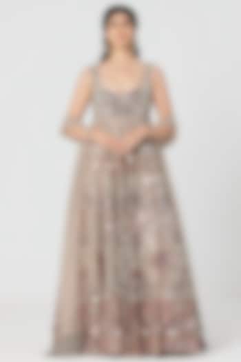 Beige Net Mirror Embroidered Bridal Anarkali Set by Abhinav Mishra at Pernia's Pop Up Shop