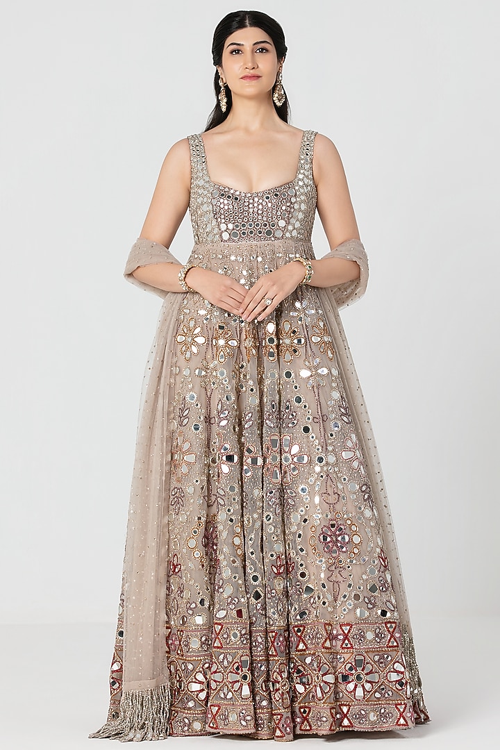 Beige Net Mirror Embroidered Bridal Anarkali Set by Abhinav Mishra at Pernia's Pop Up Shop
