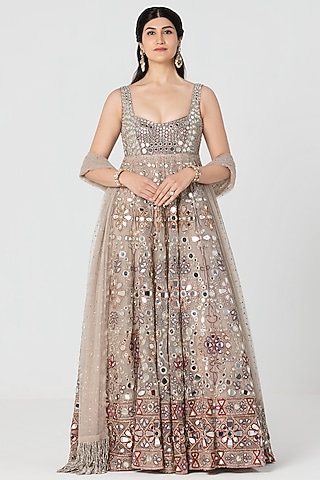 Beige Net Mirror Embroidered Anarkali Set by Abhinav Mishra