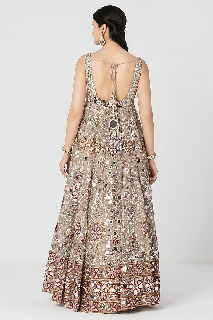 Beige Net Mirror Embroidered Bridal Anarkali Set by Abhinav Mishra at Pernia's Pop Up Shop