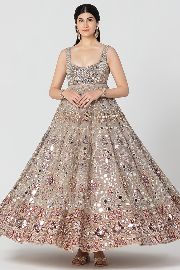 Beige Net Mirror Embroidered Bridal Anarkali Set by Abhinav Mishra at Pernia's Pop Up Shop
