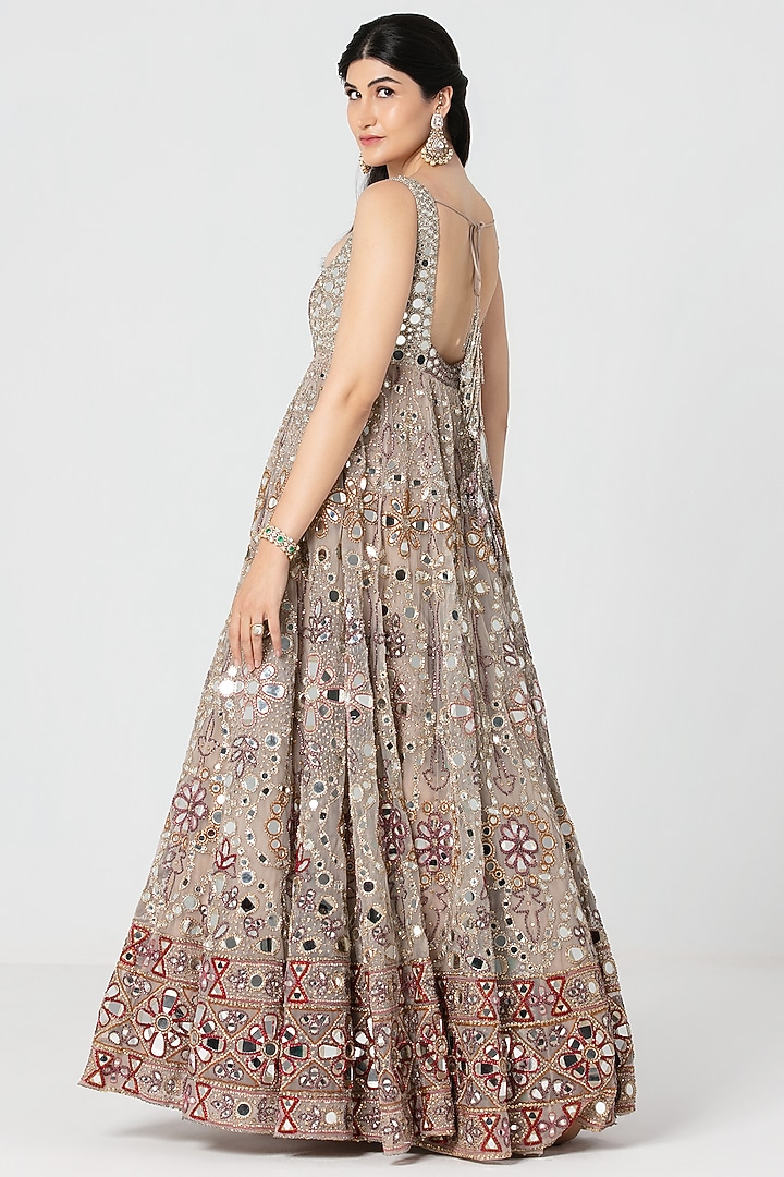 Beige Net Mirror Embroidered Bridal Anarkali Set by Abhinav Mishra at Pernia's Pop Up Shop