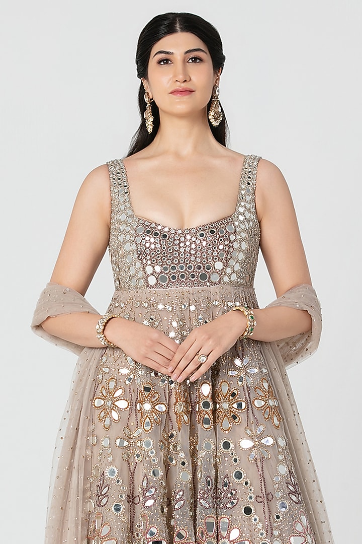 Beige Net Mirror Embroidered Bridal Anarkali Set by Abhinav Mishra at Pernia's Pop Up Shop