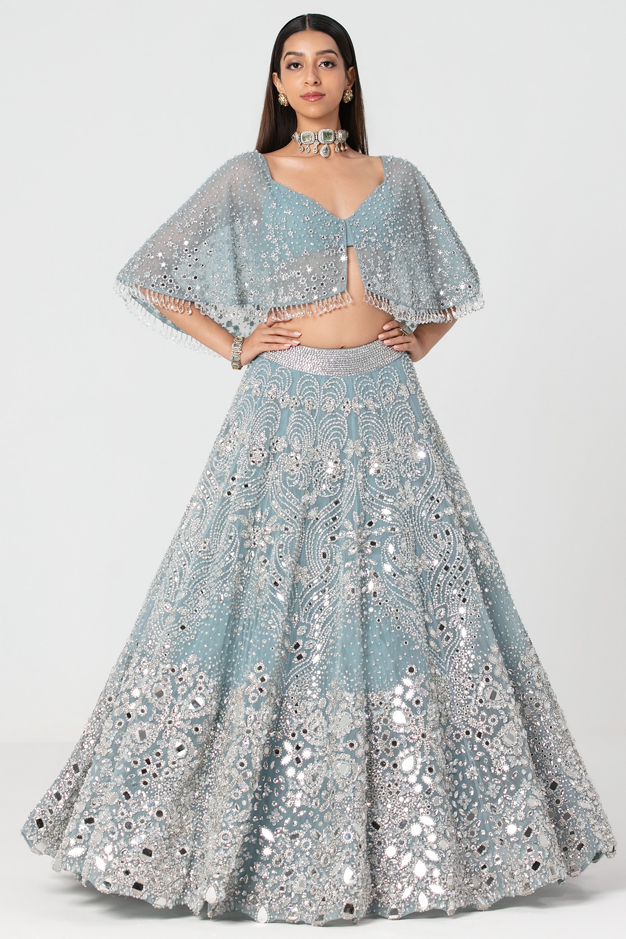 Abhinav Mishra Ice Blue Net Mirror & Crystal Work Cape Lehenga Set
