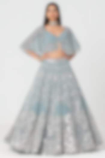 Ice Blue Net Mirror & Crystal Work Cape Bridal Lehenga Set by Abhinav Mishra at Pernia's Pop Up Shop