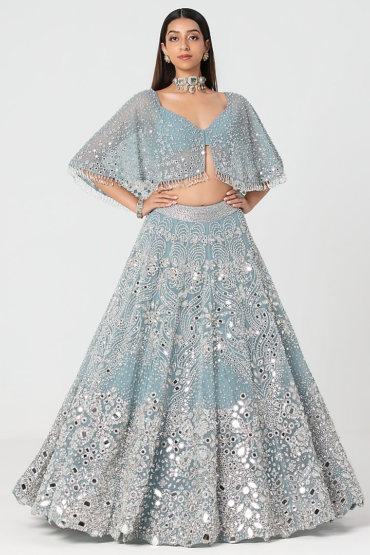 Ice Blue Net Mirror & Crystal Work Cape Bridal Lehenga Set by Abhinav Mishra at Pernia's Pop Up Shop