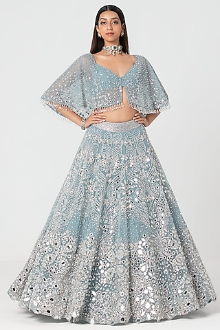 Ice Blue Net Mirror & Crystal Work Cape Lehenga Set by Abhinav Mishra