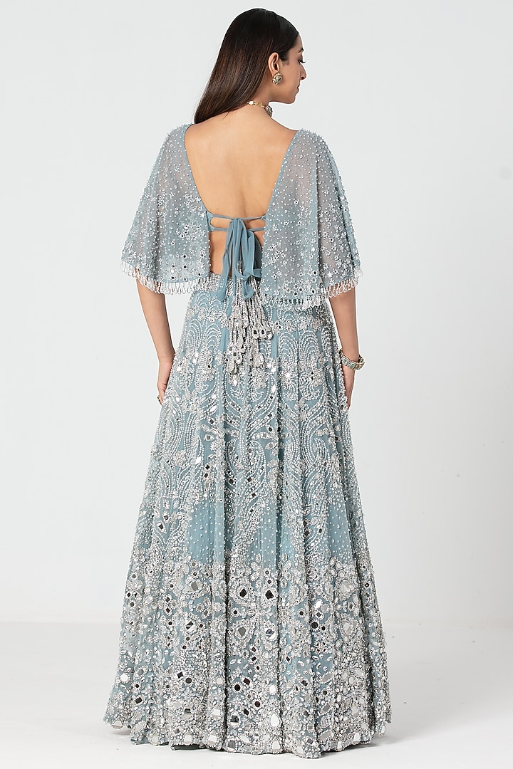 Ice Blue Net Mirror & Crystal Work Cape Bridal Lehenga Set by Abhinav Mishra at Pernia's Pop Up Shop