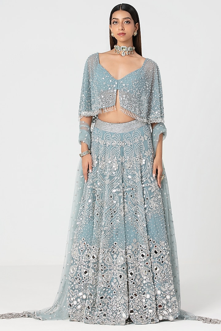 Ice Blue Net Mirror & Crystal Work Cape Bridal Lehenga Set by Abhinav Mishra at Pernia's Pop Up Shop