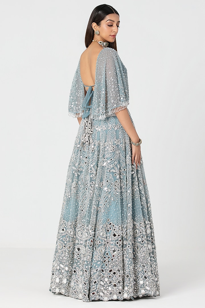 Ice Blue Net Mirror & Crystal Work Cape Bridal Lehenga Set by Abhinav Mishra at Pernia's Pop Up Shop