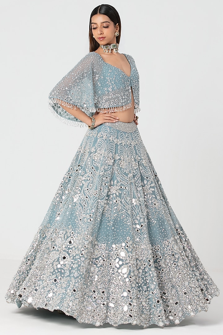 Ice Blue Net Mirror & Crystal Work Cape Bridal Lehenga Set by Abhinav Mishra at Pernia's Pop Up Shop