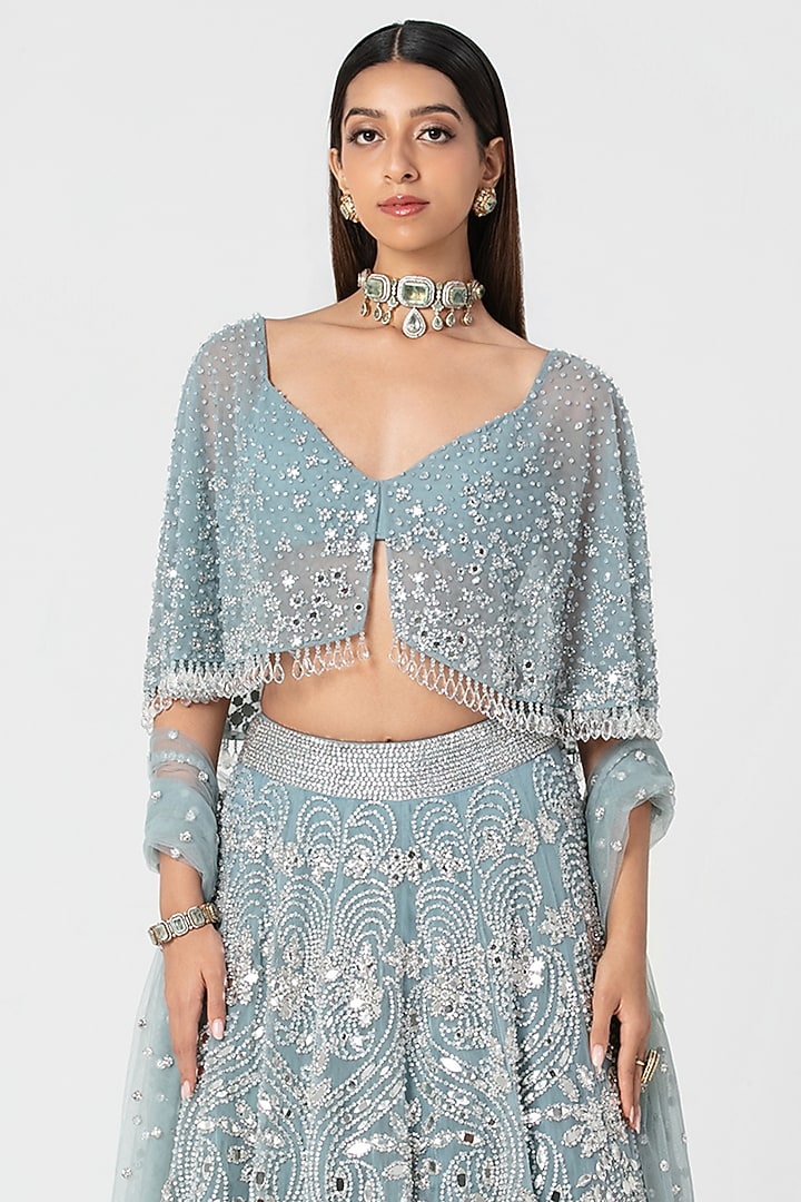 Ice Blue Net Mirror & Crystal Work Cape Bridal Lehenga Set by Abhinav Mishra at Pernia's Pop Up Shop