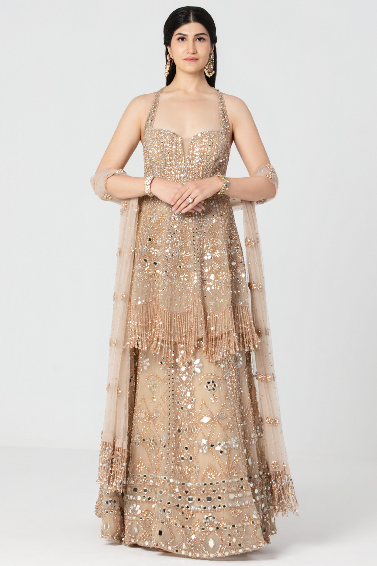 Abhinav Mishra Beige Net Mirror & Crystal Work Lehenga Set