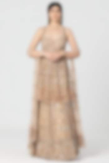 Beige Net Mirror & Crystal Work Bridal Lehenga Set by Abhinav Mishra at Pernia's Pop Up Shop