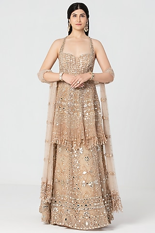 Beige Net Mirror & Crystal Work Lehenga Set by Abhinav Mishra