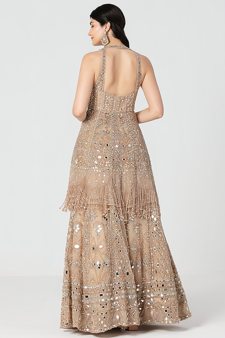Beige Net Mirror & Crystal Work Bridal Lehenga Set by Abhinav Mishra at Pernia's Pop Up Shop