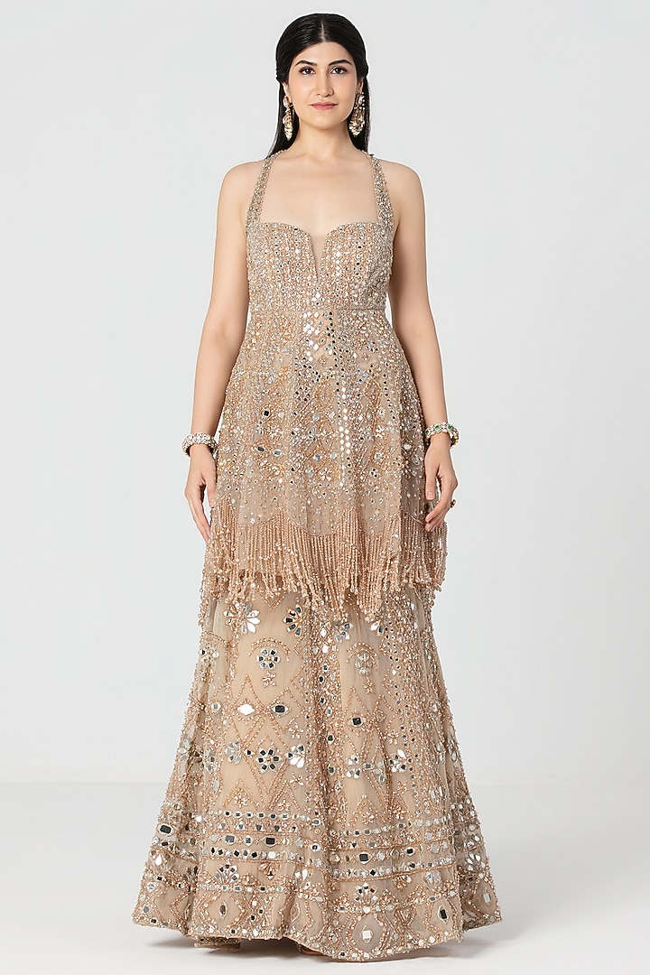 Beige Net Mirror & Crystal Work Bridal Lehenga Set by Abhinav Mishra at Pernia's Pop Up Shop