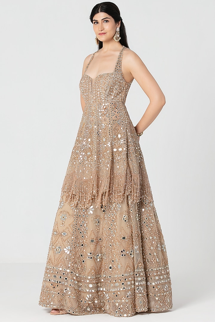 Beige Net Mirror & Crystal Work Bridal Lehenga Set by Abhinav Mishra at Pernia's Pop Up Shop