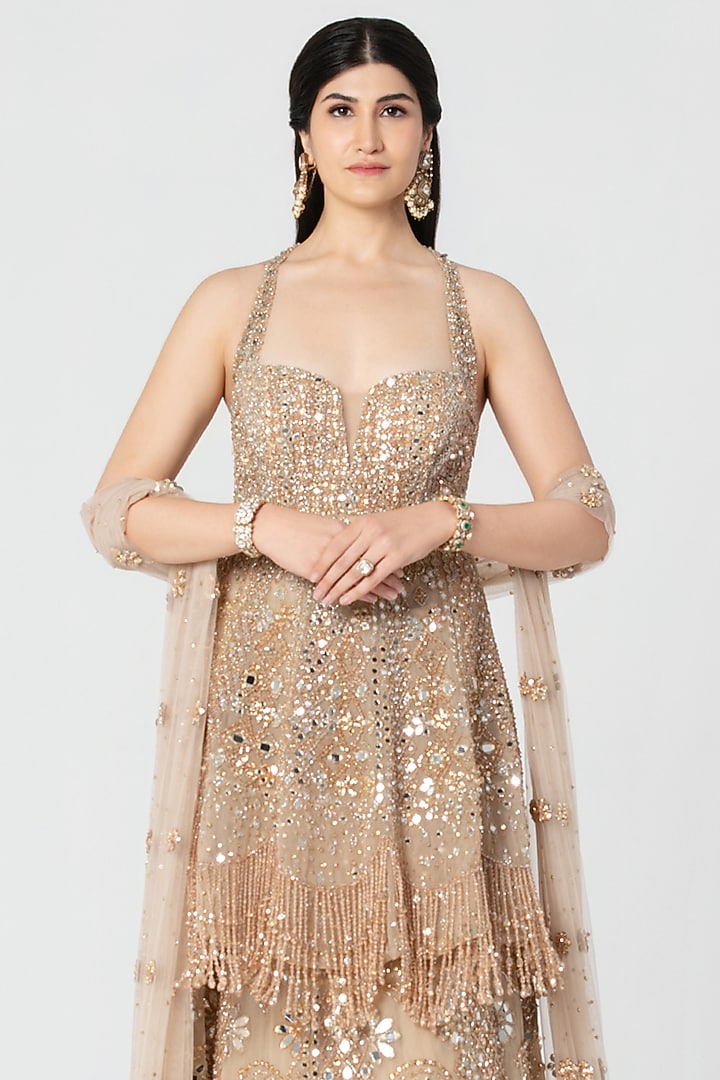 Beige Net Mirror & Crystal Work Bridal Lehenga Set by Abhinav Mishra at Pernia's Pop Up Shop