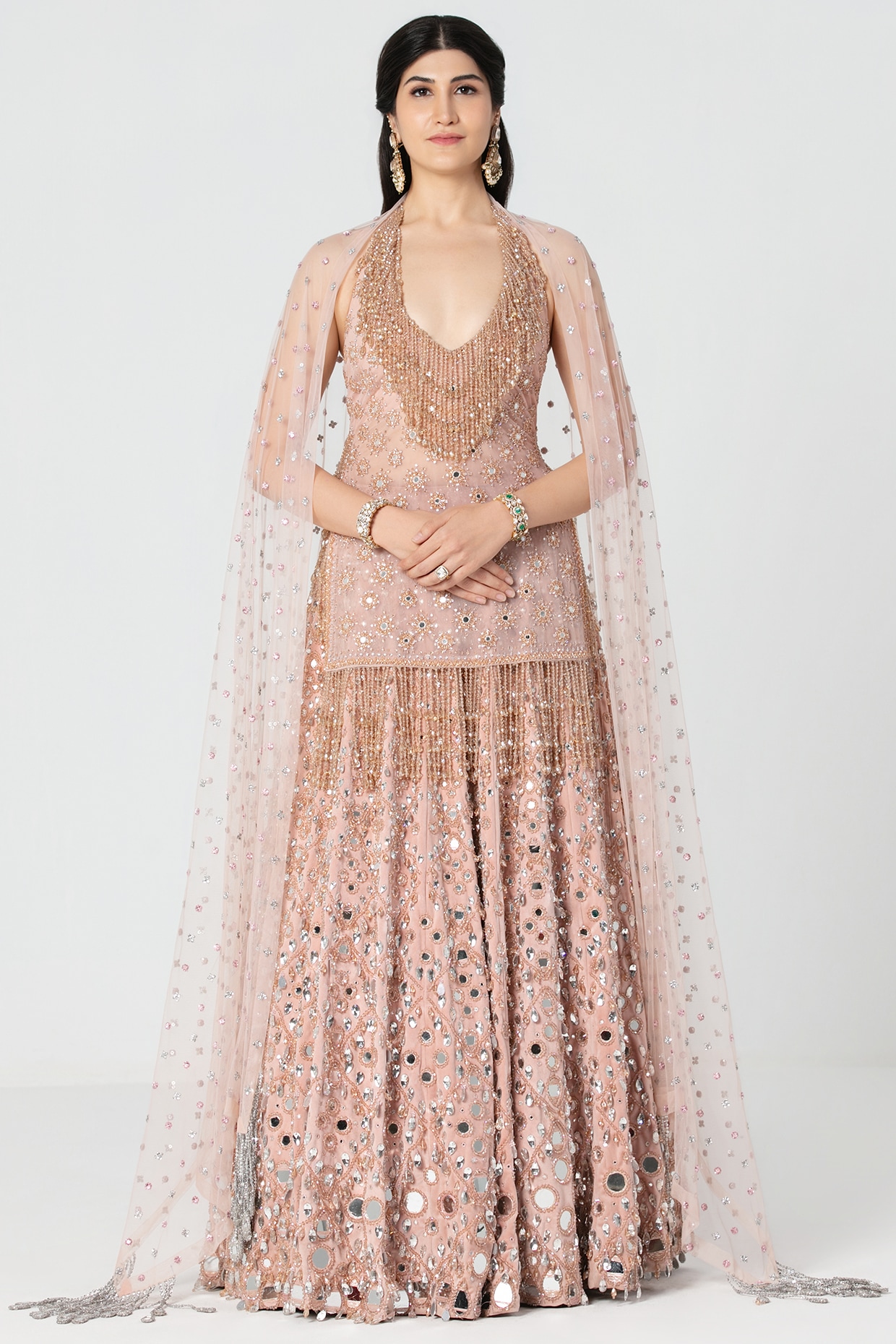 Abhinav Mishra Rose Pink Velvet Mirror & Crystal Work Lehenga Set