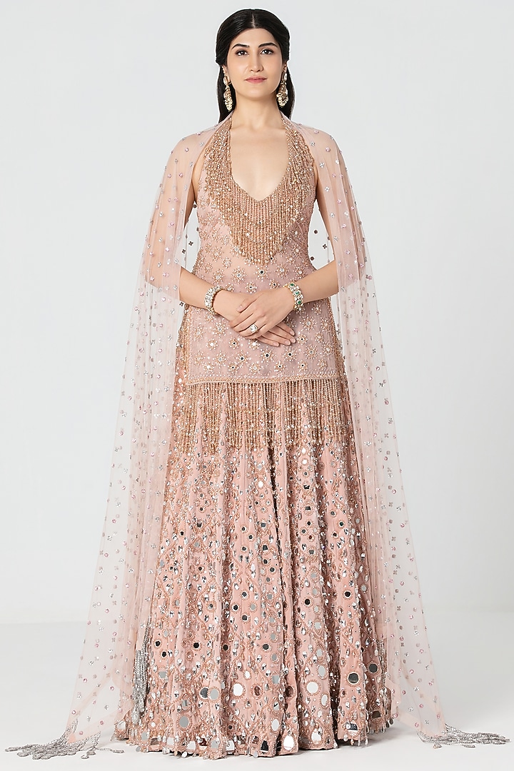 Rose Pink Velvet Mirror & Crystal Work Bridal Lehenga Set by Abhinav Mishra at Pernia's Pop Up Shop