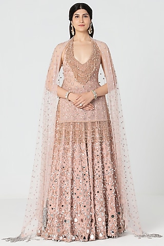 Rose Pink Velvet Mirror & Crystal Work Lehenga Set by Abhinav Mishra